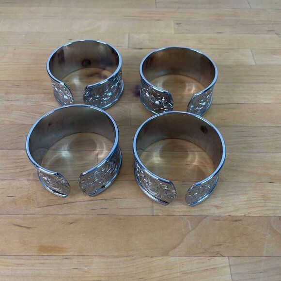 Vintage Floral Etched Napkin Rings Cuffs Set Of 4 Silver Tone - Picture 6 of 9